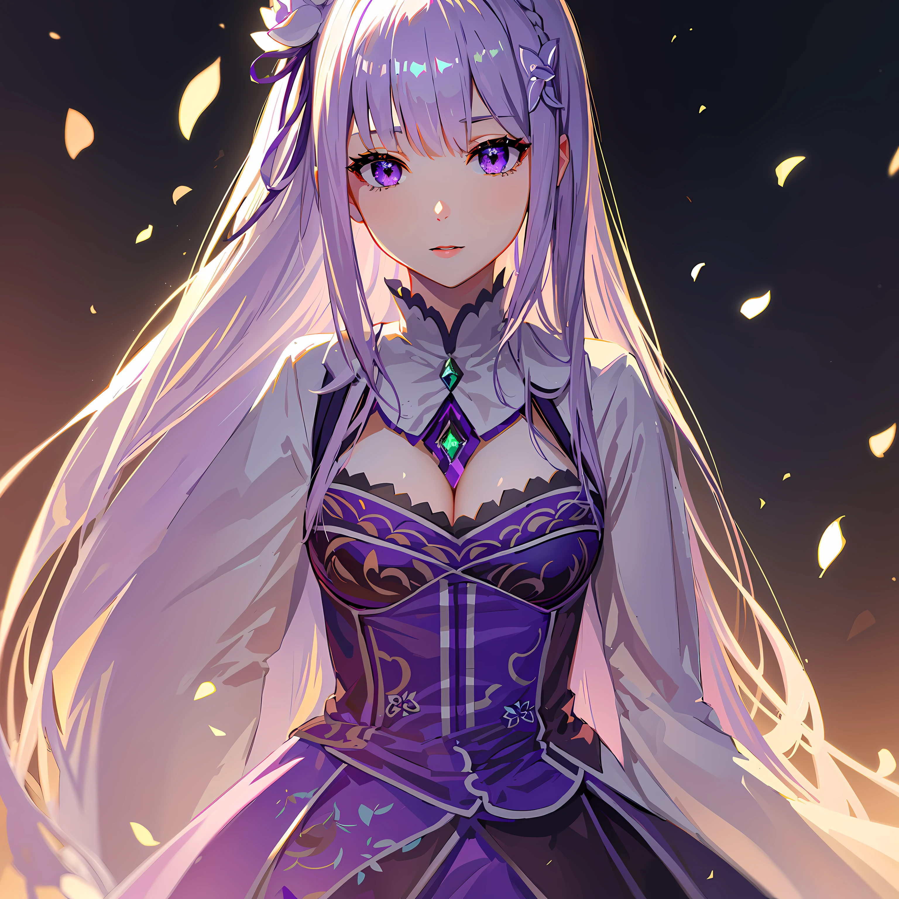 (Masterpiece, Best Quality, better shadow), (Detailed background), (Beautiful Detail Face), High contrast, (better lighting), ((cinematiclight)), Colorful, Dramatic light, intricate details, (1girl, 独奏, emilia, re:zero, Sexy, violet eyes, sharp face,white colored hair,Dynamic Angle), Depth of field,black light particles