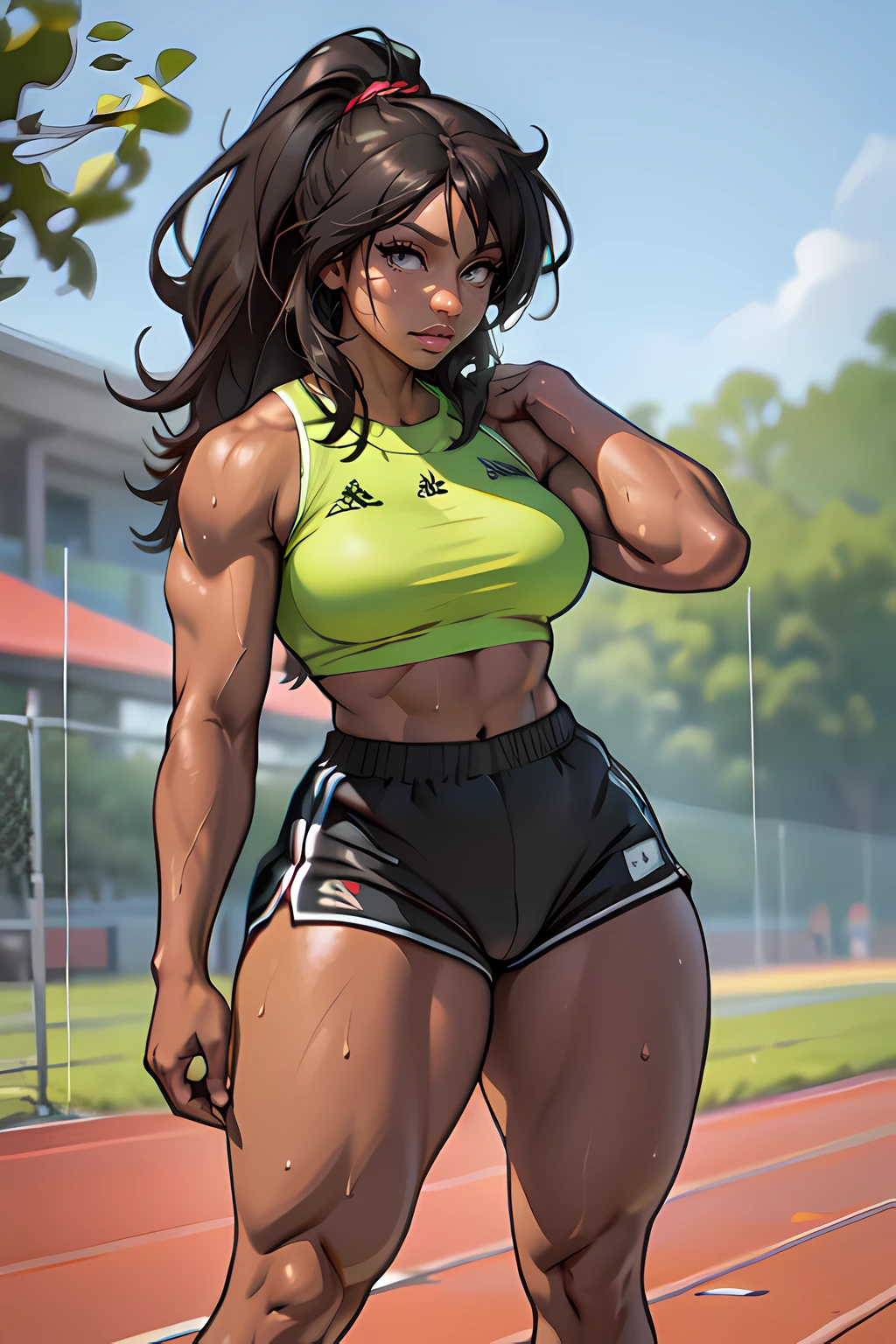 full body image of a dark skin girl with a muscular and toned body, beautiful detailed brown eyes, full lips, long flowing hair, dressed in a tight track bra and shorts. She has thick thighs, wide hips, and is standing in a track field with depth of field, blurred background. The girl is sweaty and wet, with water droplets glistening on her skin. The overall image should have studio lighting emphasizing the girl's athletic physique.