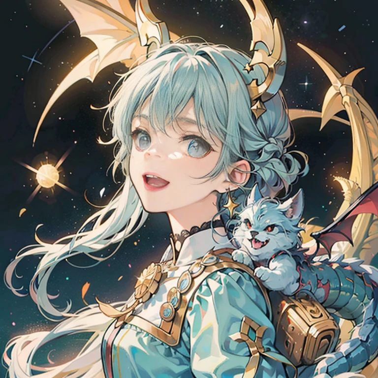 light blue dragon、illustratio、cute little、Laughing、simple starry sky background、leave some space、one big star in the sky