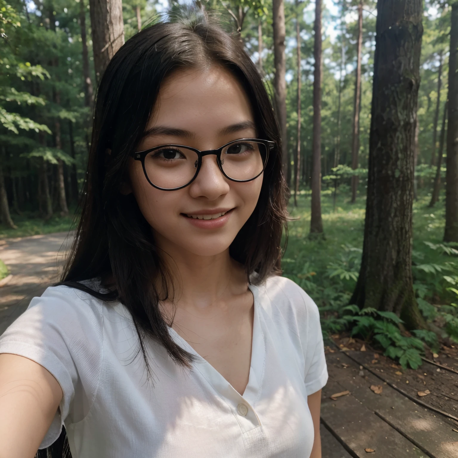 Very young female, half chinese, small slit-eyed, glasses, black hair, flawless white skin, long hair, photorealistic, best quality, hyper detailed, , beautiful woman, selfie photo, upper body, solo, wearing black clothes, smiling at forest, morning photo, without makeup, school, looking at viewer, skin texture, film grain, close up, ultra high res, best shadow, RAW, instagram LUT