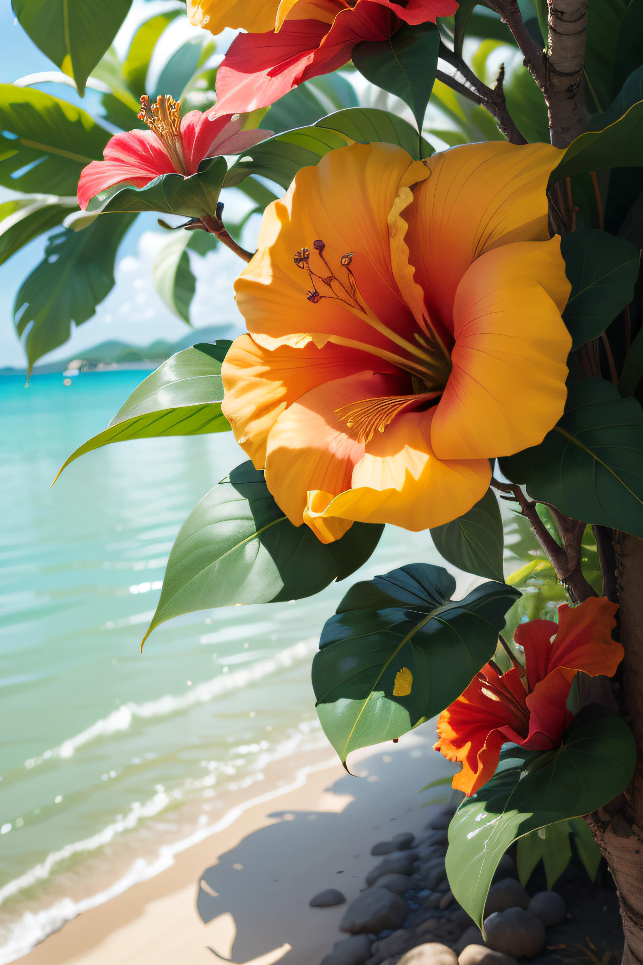 there is a red flower that is on a tree by the water, beautiful tropical flowers, vibrant red hibiscus, tropical flower plants, hibiscus flowers, hibiscus, red flower, red blooming flowers, blooming tropical flowers, draped with red hybiscus, beautiful flower, tropical flowers, large exotic flowers, red flowers of different types, celestial red flowers vibe, vibrant red colors