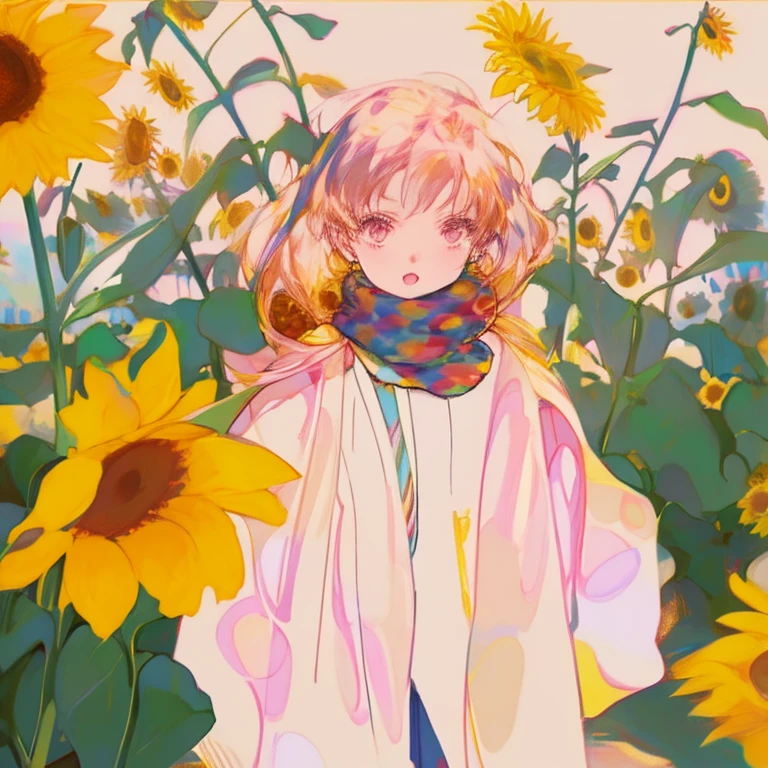 Drawing of girl wearing scarf in sunflower field, beautiful sunflower anime girl, animeaesthetic, animeaesthetic, anime vibes, sunflowers in the background, Anime that won the Aesthetic Award, Produced by Anime Painter Studio, anime backgrounds, Loepfe Art Style, best anime 4k konachan wallpapers, drawn in anime painter studio, dreamy psychedelic anime