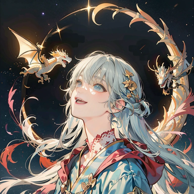 light blue dragon、illustratio、cute little、Laughing、simple starry sky background、leave some space、one big star in the sky