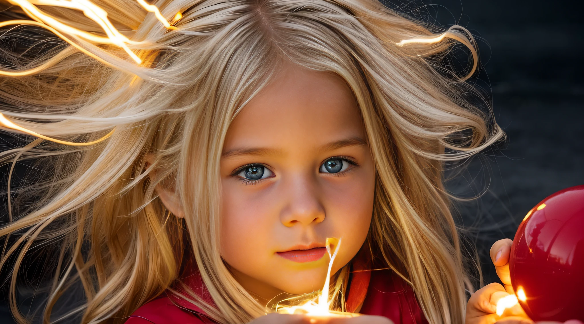 a close-up of a blonde child with long hair, BIG BALL OF electrified ICE IN HANDS. FUMO VERMELHO.