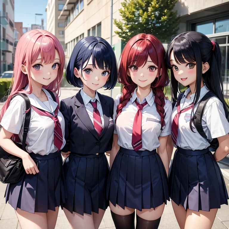 4 school girls wearing school dress , 1st ones hair is red, 2nd ones hair is black, 3rd ones hair is blue, 4th one hair is pink, they going at school, smiling face and looking at viewer