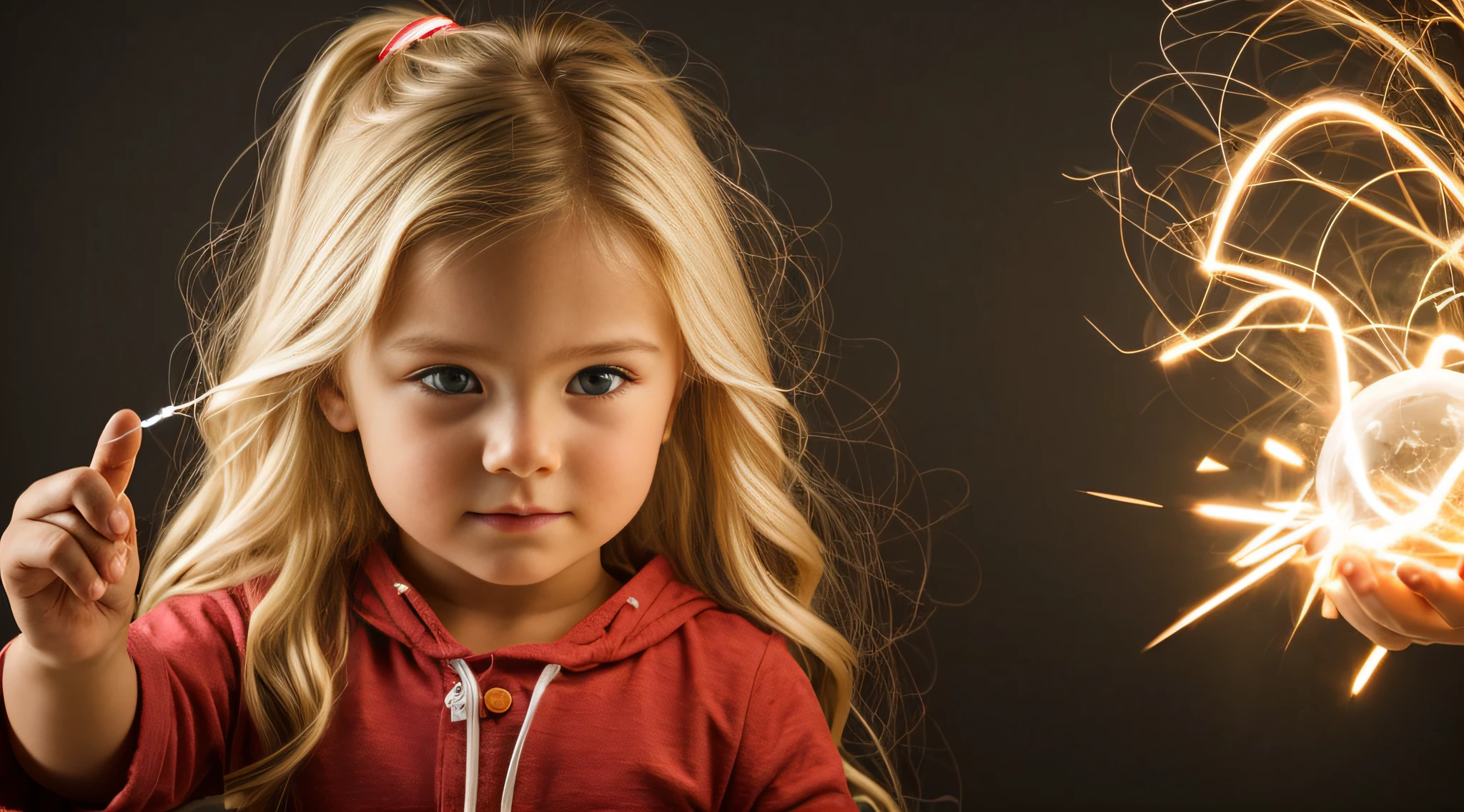 a close-up of a blonde  with long hair, BIG BALL OF electrified ICE IN HANDS. FUMO VERMELHO.