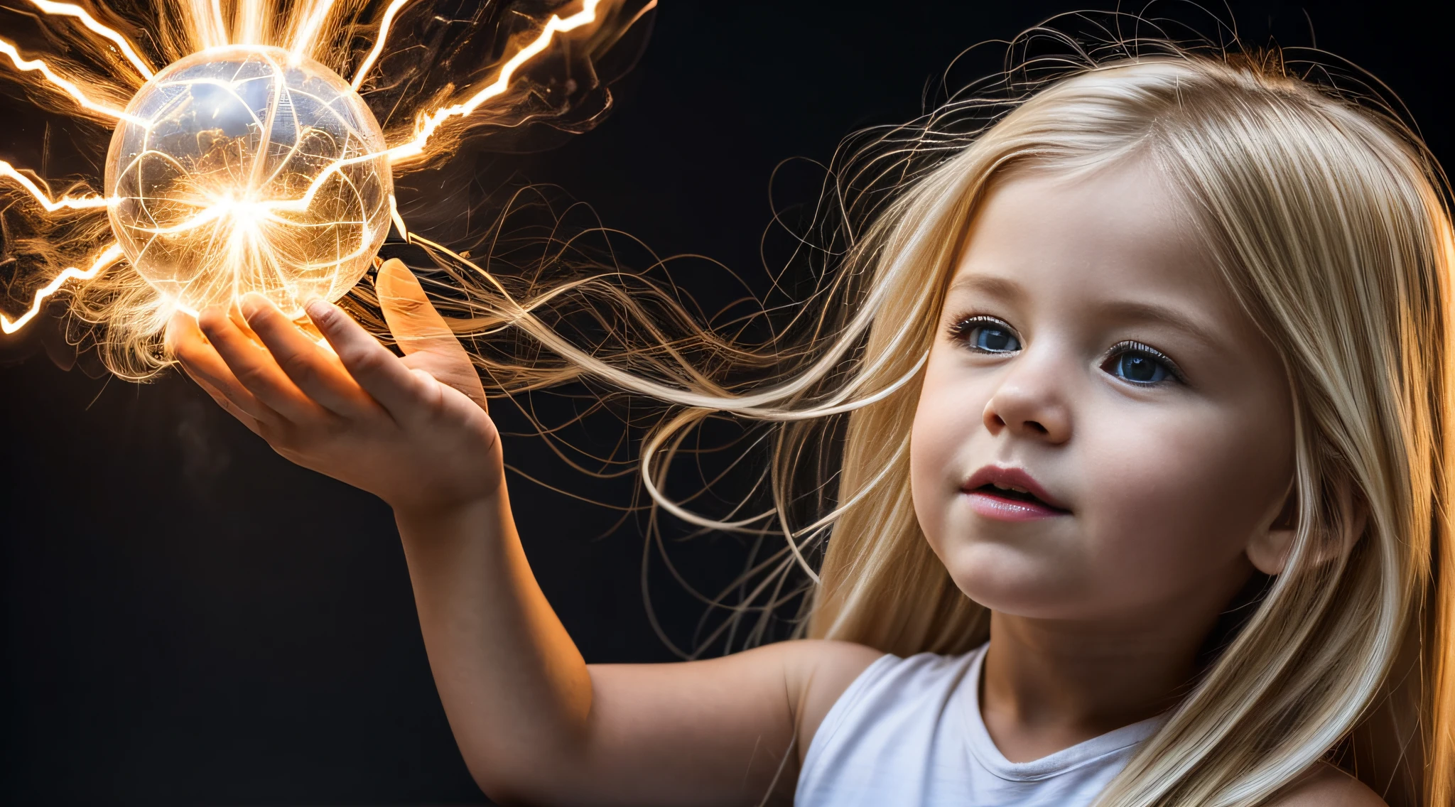 a close-up of a blonde child with long hair, BIG BALL OF electrified ICE IN HANDS. FUMO VERMELHO.