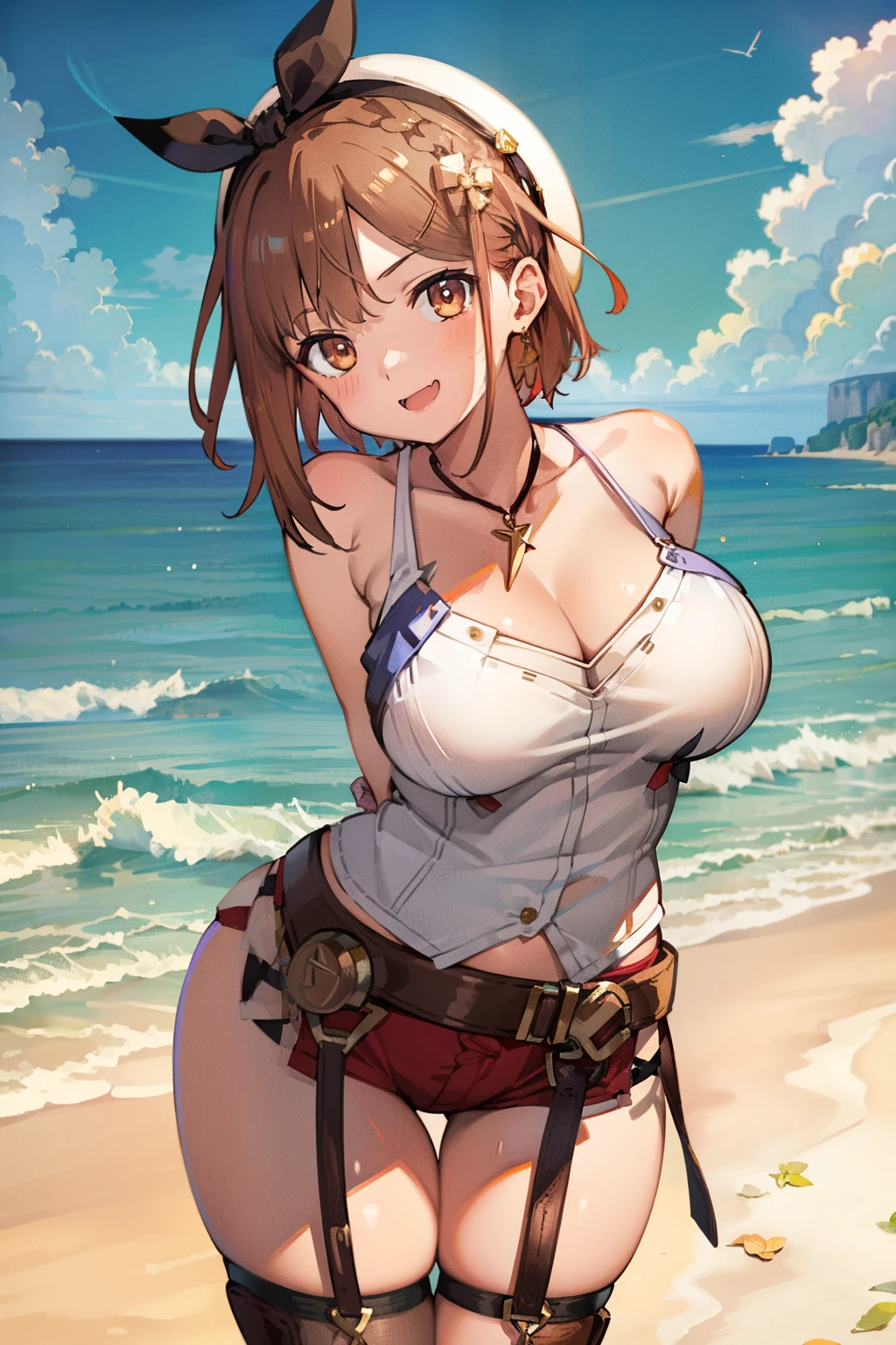 masterpiece, best quality, high resolution, official art, extremely detailed CG, 1stDefault, burst into laughter, First Clothing, bare thighs, 1girl, belt, (arms behind back, leaning forward), breasts, looking at viewer, beach