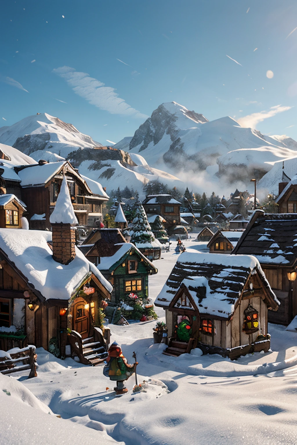 a snow-covered gnome village with lots of little hard-working gnomes, im pixar sytle