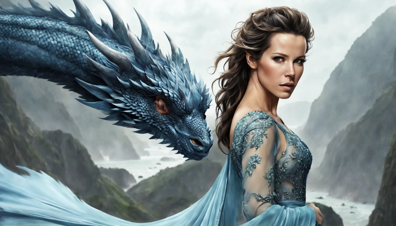 ((melhor qualidade)), ((obra-prima)), (detalhado), Empress Dragon "Kate Beckinsale", olhos realistas, cabelo preto, olhos azuis, seios pequenos, vestido de setin koreano sensual, paisagem maligna, ethereal beauty, (Fantasy Illustration:1.3), olhar encantador, pose cativante, garota solo, charme sobrenatural, mystical sky, noite enluarada, cores suaves, (paisagem nublada detalhada:1.3), (alta resolução:1.2) (Blue dragon flying in the sky) vestido, sobre uma colina, An army passing far into a canyon below.