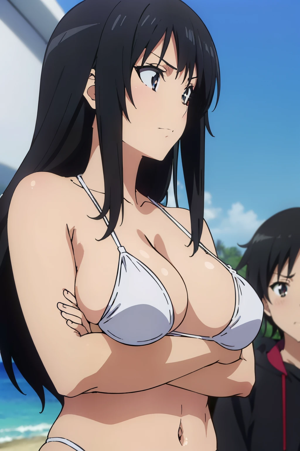 ((masutepiece, Best Quality, High resolution, anime screen cap, anime colours, in 8K, anime keyvisual)):1.5, Kotegawa Yui, 1girl in, Cute, blush, (Long Black Hair:1.5), 14years, (Oversized large sagging breasts:1.5), cleavage, ((White Micro Bikini:1.5, Thin fabric)), Navel Ejection, (arms squeeze, Breast squeeze:1.5), Arm downward, Upper body, beach side, ((Perfect Anatomy, beautifull detailed face, Beautiful detailed eyes, beautiful detailed hair, Beautiful detailed body)), thick outline, Beautiful outlines, black outlines