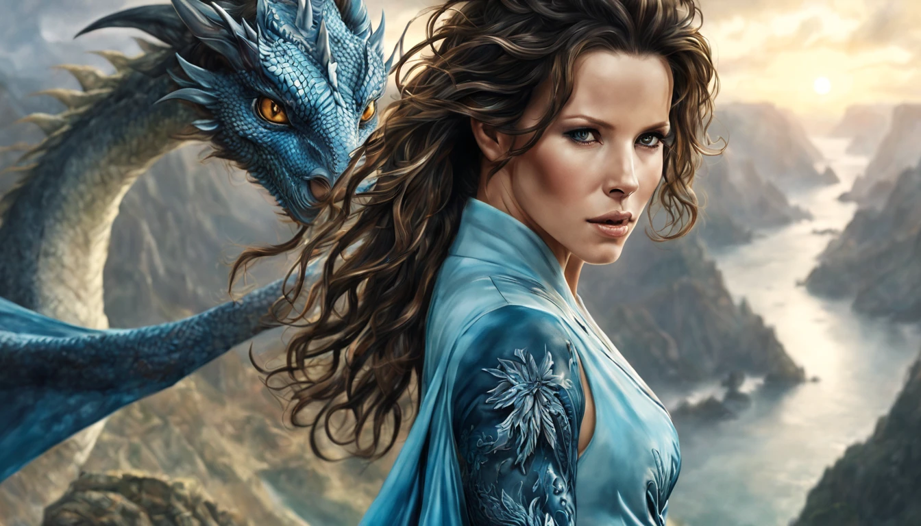 ((melhor qualidade)), ((obra-prima)), (detalhado), Empress Dragon "Kate Beckinsale", olhos realistas, cabelo preto, olhos azuis, seios pequenos, vestido de setin koreano sensual, paisagem maligna, ethereal beauty, (Fantasy Illustration:1.3), olhar encantador, pose cativante, garota solo, charme sobrenatural, mystical sky, noite enluarada, cores suaves, (paisagem nublada detalhada:1.3), (alta resolução:1.2) (Blue dragon flying in the sky) vestido, sobre uma colina, An army passing far into a canyon below.