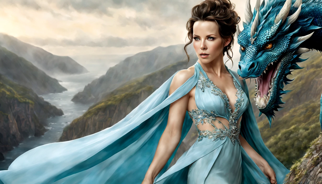 ((melhor qualidade)), ((obra-prima)), (detalhado), Empress Dragon "Kate Beckinsale", olhos realistas, cabelo preto, olhos azuis, seios pequenos, vestido de setin koreano sensual, paisagem maligna, ethereal beauty, (Fantasy Illustration:1.3), olhar encantador, pose cativante, garota solo, charme sobrenatural, mystical sky, noite enluarada, cores suaves, (paisagem nublada detalhada:1.3), (alta resolução:1.2) (Blue dragon flying in the sky) vestido, sobre uma colina, An army passing far into a canyon below.