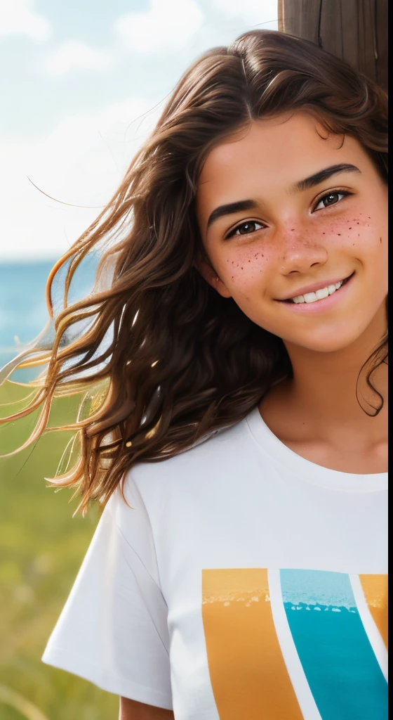 1girl. Tan skin, freckles on nose, freckles on cheeks, dark brown hair, wavy hair, hair braid, T-shirt, 20 years old,