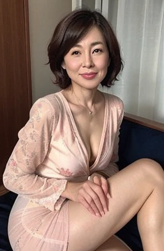 high-detail、Bob Hair、50 years old、A Japanese Lady、 glamor, A sexy,Wrinkles at the corners of the eyes、Plump cheeks、maternal、Beautie、Eros、Smaller chest、light skinned、Fine skin、Spread your legs、Crotch show off、Sober underwear、Full body capture、Clean nipples、hiquality、squatt