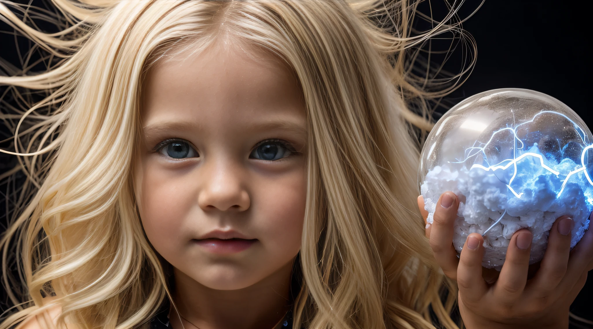 a close-up of a blonde  with long hair, BIG BALL OF electrified ICE IN HANDS. FUMO VERMELHO.