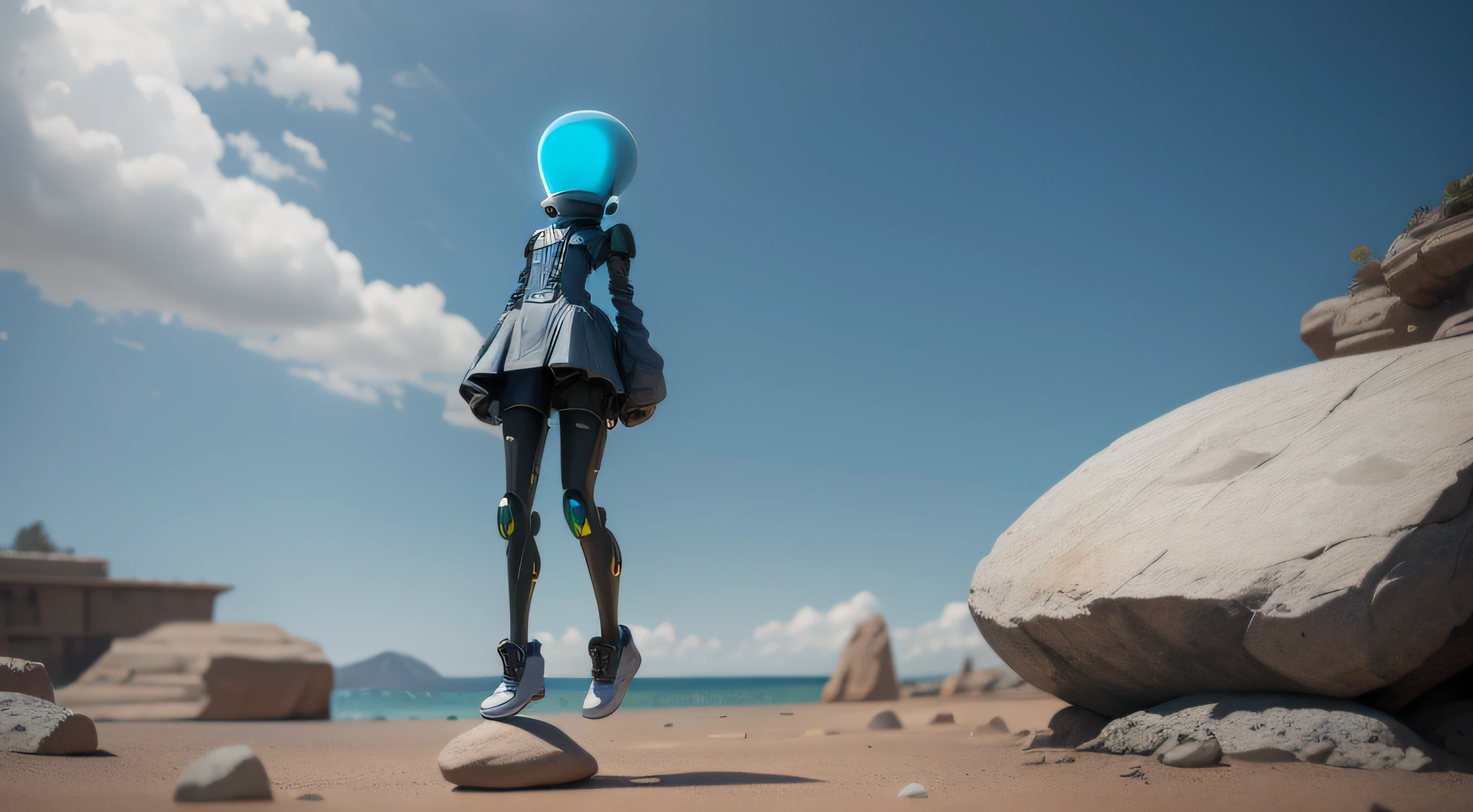 An alien girl levitates on a rock, Alien technology