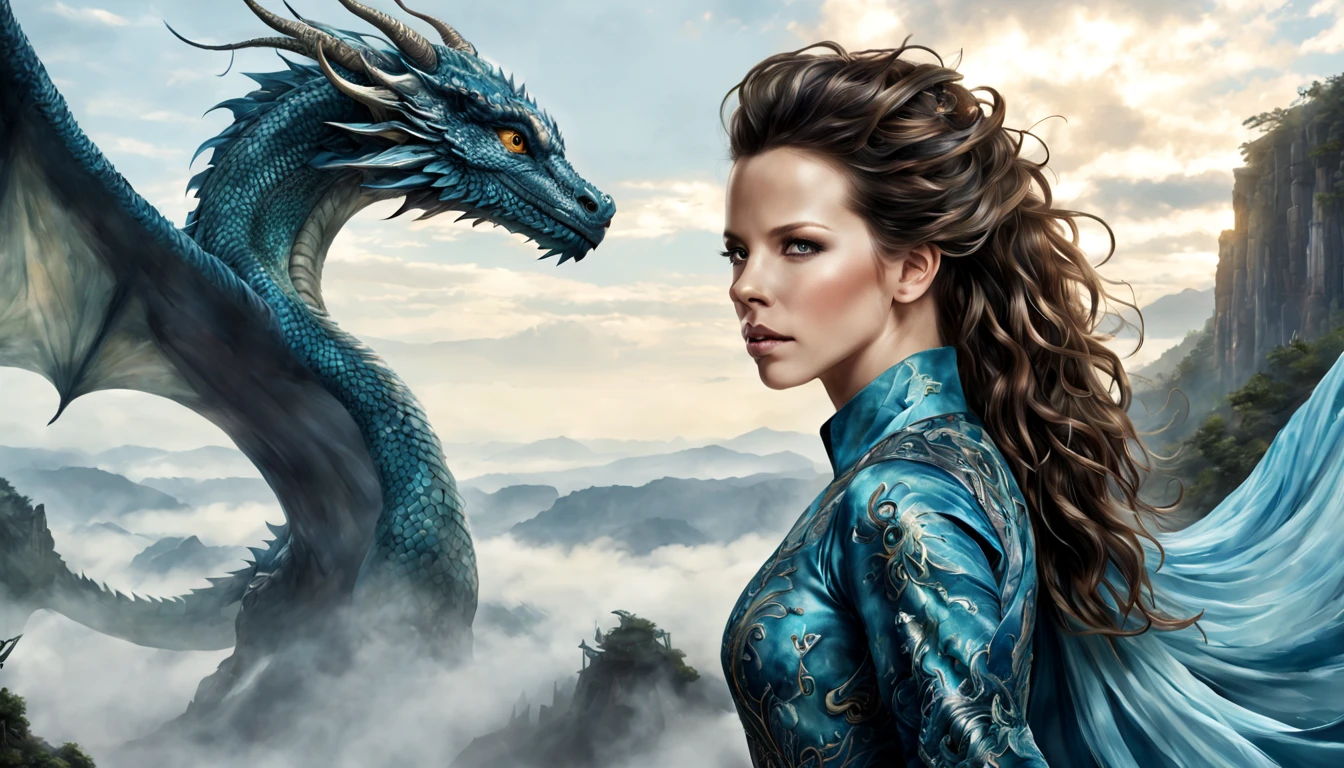 ((melhor qualidade)), ((obra-prima)), (detalhado), Empress Dragon "Kate Beckinsale", olhos realistas, cabelo preto, olhos azuis, seios pequenos, vestido de setin koreano sensual, paisagem maligna, ethereal beauty, (Fantasy Illustration:1.3), olhar encantador, pose cativante, garota solo, charme sobrenatural, mystical sky, noite enluarada, cores suaves, (paisagem nublada detalhada:1.3), (alta resolução:1.2) (Blue dragon flying in the sky) vestido, sobre uma colina, An army passing far into a canyon below.