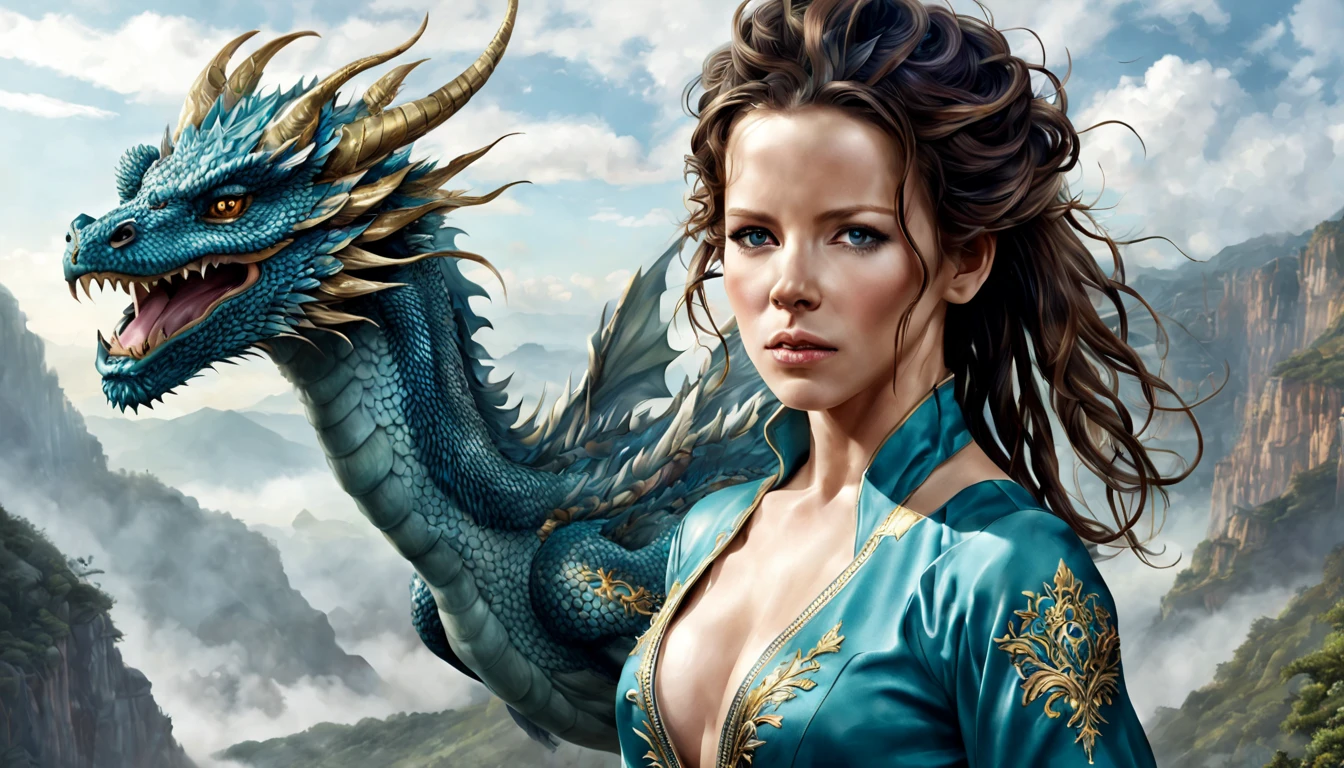 ((melhor qualidade)), ((obra-prima)), (detalhado), Empress Dragon "Kate Beckinsale", olhos realistas, cabelo preto, olhos azuis, seios pequenos, vestido de setin koreano sensual, paisagem maligna, ethereal beauty, (Fantasy Illustration:1.3), olhar encantador, pose cativante, garota solo, charme sobrenatural, mystical sky, noite enluarada, cores suaves, (paisagem nublada detalhada:1.3), (alta resolução:1.2) (Blue dragon flying in the sky) vestido, sobre uma colina, An army passing far into a canyon below.