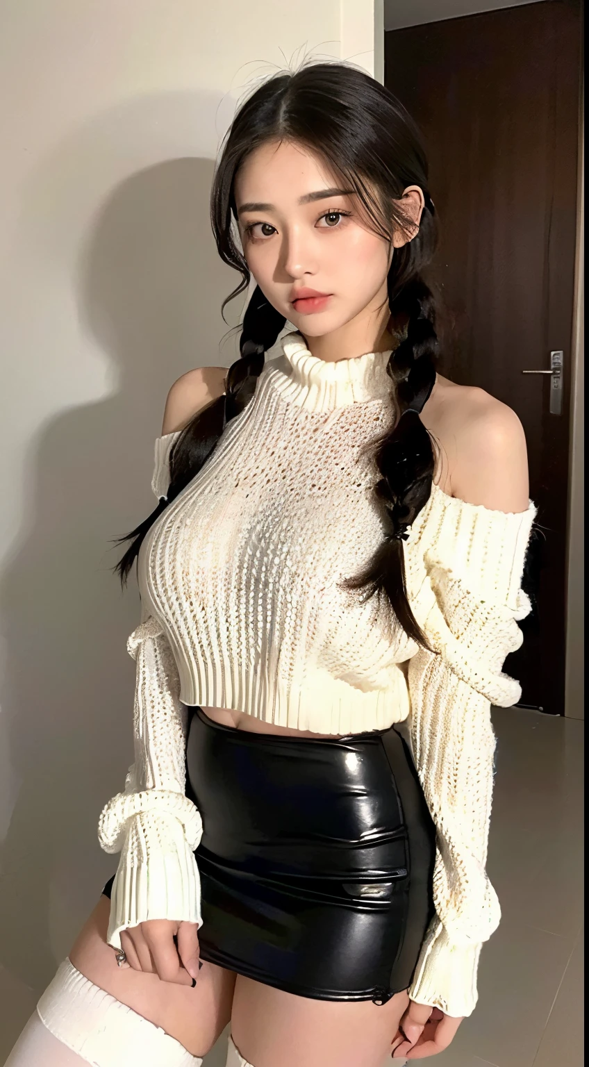 (((Top Quality, 8k, Masterpiece: 1.3)), 1 Girl, Beauty with Extreme Beauty, Ultimate Beauty, Erotic, girl named lucy, cuty lucy, Beauty with Emphasized Slim Abs: 1.3, (Casual Hairstyle, Super Big: 1.2),1.2, Interior, Ultra Detail Face, Delicate Eyes, Double Eyelids, ((Best Quality, 8K, Masterpiece: 1.3)), 1 Girl, (Casual Hairstyle, Larger Breasts:1.2), named lucy, young teen, fit teen: 1.1, Plump, ultra-fine face, sexy plum ass, black fitness shorts, Fine eyes, Double eyelids, Shame: 2, big plum ass,fit girl, wearing latex skirt, white sweater, white sweater reaveling shoulders, self taken,knee high socks, pureerosface_v1, ulzzang-6500-v1.1
