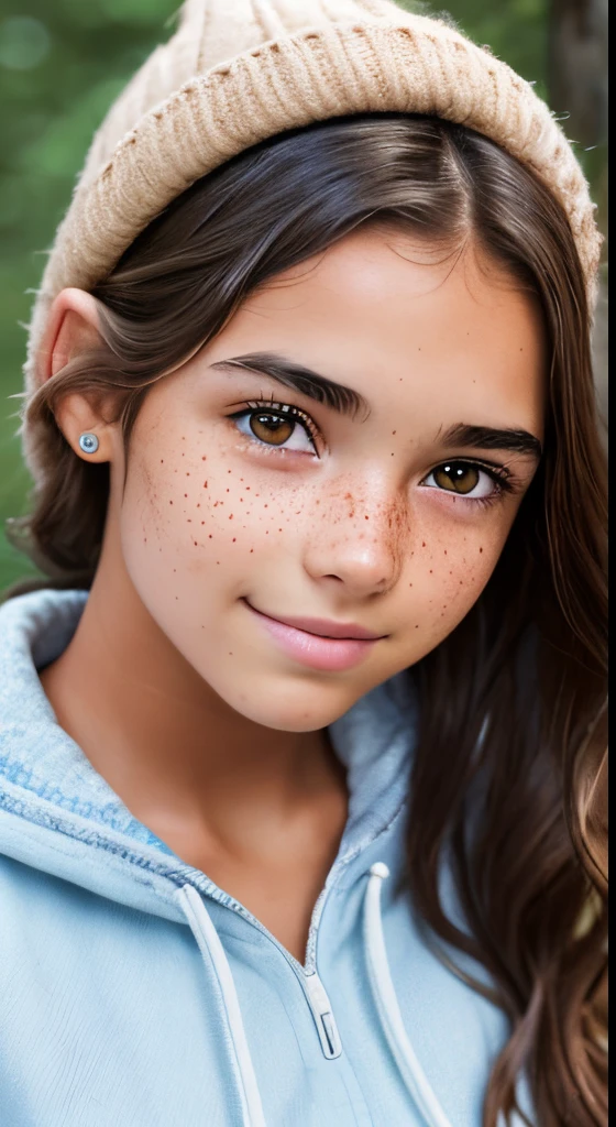 1girl. Tan skin, freckles on nose, freckles on cheeks, dark brown hair, wavy hair, folk clothing, 20 years old,