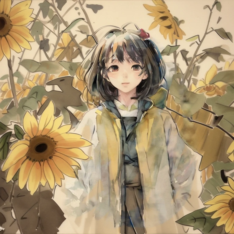 Anime girl in yellow coat standing in front of sunflower field, beautiful sunflower anime girl, Produced by Anime Painter Studio, sunflowers in the background, Anime style 4k, Scenes : sunflower fields, Scenes: sunflower fields, Anime Pictures, Anime visuals of a cute girl, High quality anime art style, Anime style illustration, drawn in anime painter studio, style of anime
