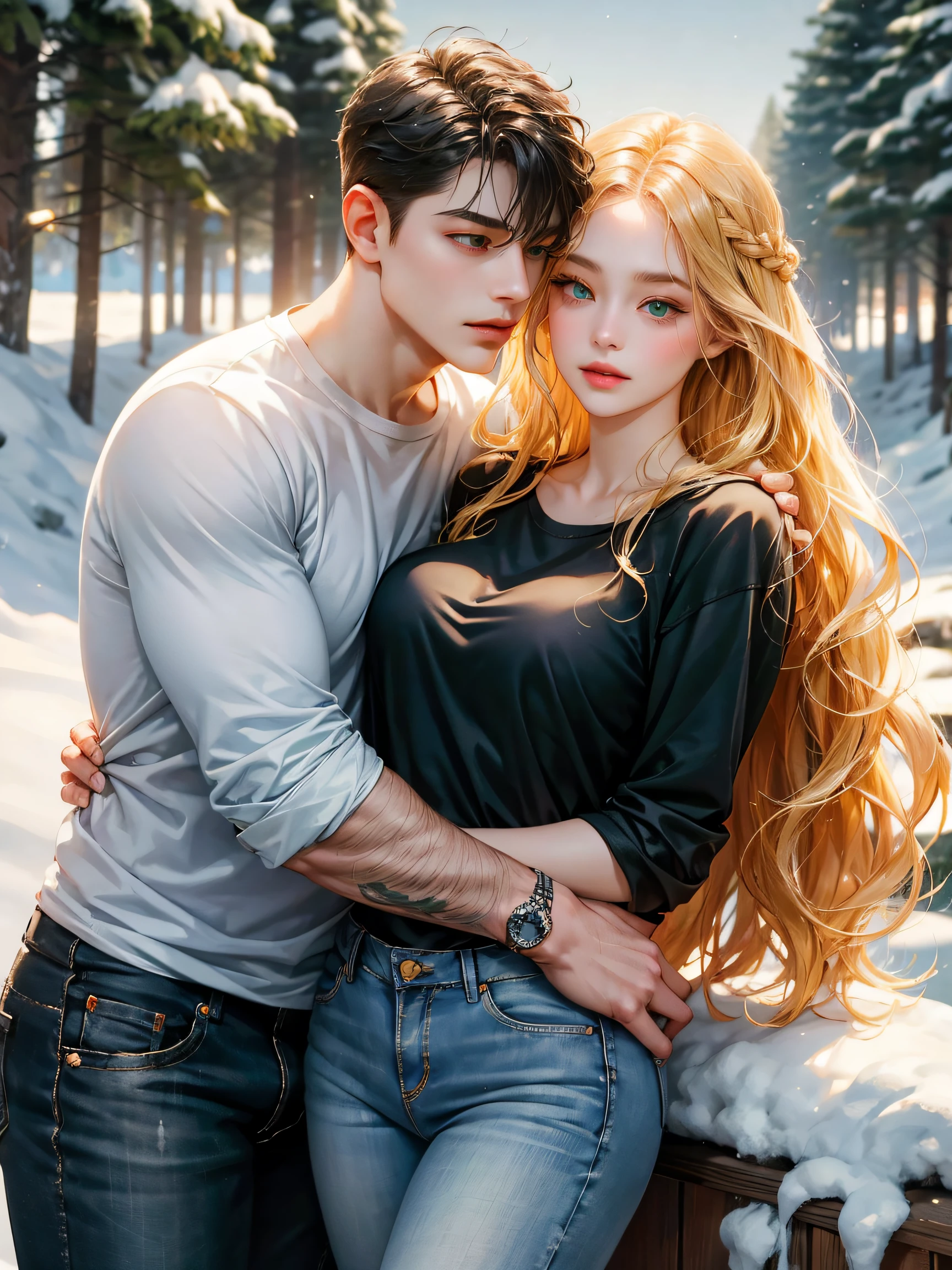 Couple, 1 girl 1 boy, different hair color, long blonde hair, wavy hair, no bangs, grey eyes. Pullover and jeans. Short black hair, wavy hair and (green eyes) , black t shirt and jeans, height different, detailed eyes, face, hand. The look at the viewer. They hug. They are near pine trees with snow. Full figure. Background snow forest