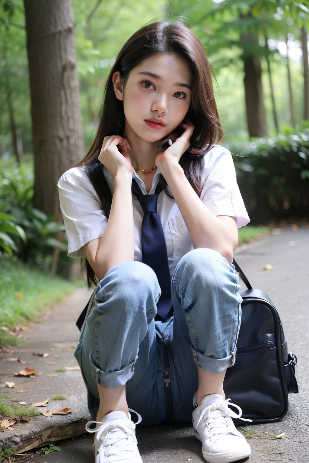 ((best quality)), yo, 16ute girl, ((baby face)), (ece)), (detailed), perfect face((best quality)), ((masterpiece)), (detailed), perfect face, (surreal), (illustration), (high resolution), (8K), ((extremely detailed)), (best illustration),(((beautiful detailed round eyes))), (best quality), (super detailed), (masterpiece), (detailed face), solo, 1 girl, best quality, 1 girl, (big breastswearing Indonesian high school uniform shirt, white shirt, blue tie, wearing white shoes, hands holding a phone, holding an iphone 14pro, stting in the classroom, wearing long blue pants, wearing gold necklace, full body photo, full body portrait, mount background(farm, mount, forest, trees), wearing a long gray blue skirt, carrying a school bag, posing like a model, wearing a school bag,wear white organizational uniforms