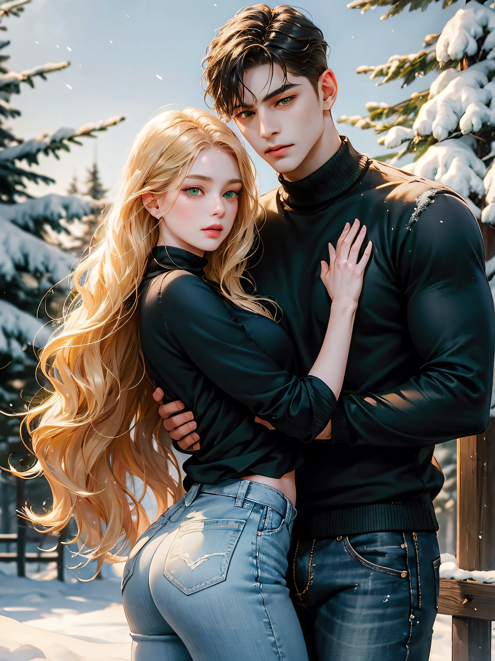 Couple, 1 girl 1 boy, different hair color, long blonde hair, wavy hair, no bangs, grey eyes. Turtleneck jumper and jeans. Short black hair, wavy and (green eyes) , black t shirt and jeans, height different, detailed eyes, face, hand. They look at the viewer. They hug. They are near pine trees with snow. Full figure. Background snow forest