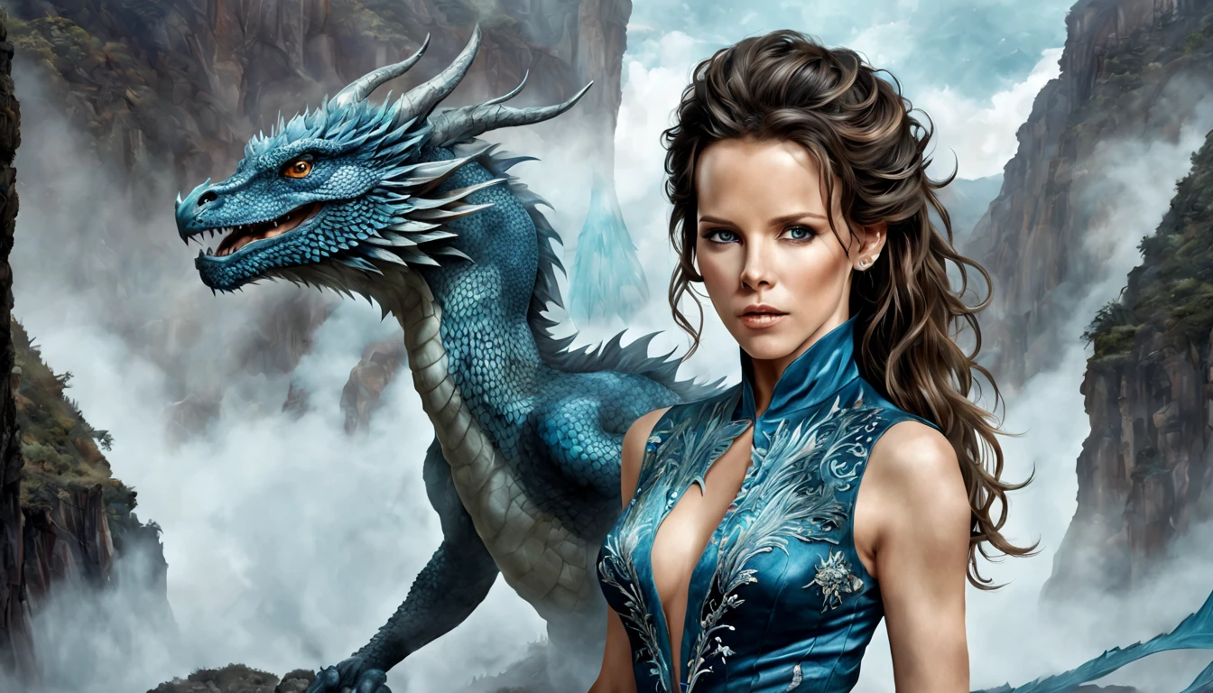 ((melhor qualidade)), ((obra-prima)), (detalhado), Empress Dragon "Kate Beckinsale", olhos realistas, cabelo preto, olhos azuis, seios pequenos, vestido de setin koreano sensual, paisagem maligna, ethereal beauty, (Fantasy Illustration:1.3), olhar encantador, pose cativante, garota solo, charme sobrenatural, mystical sky, noite enluarada, cores suaves, (paisagem nublada detalhada:1.3), (alta resolução:1.2) (Blue dragon flying in the sky) vestido, sobre uma colina, An army passing far into a canyon below.