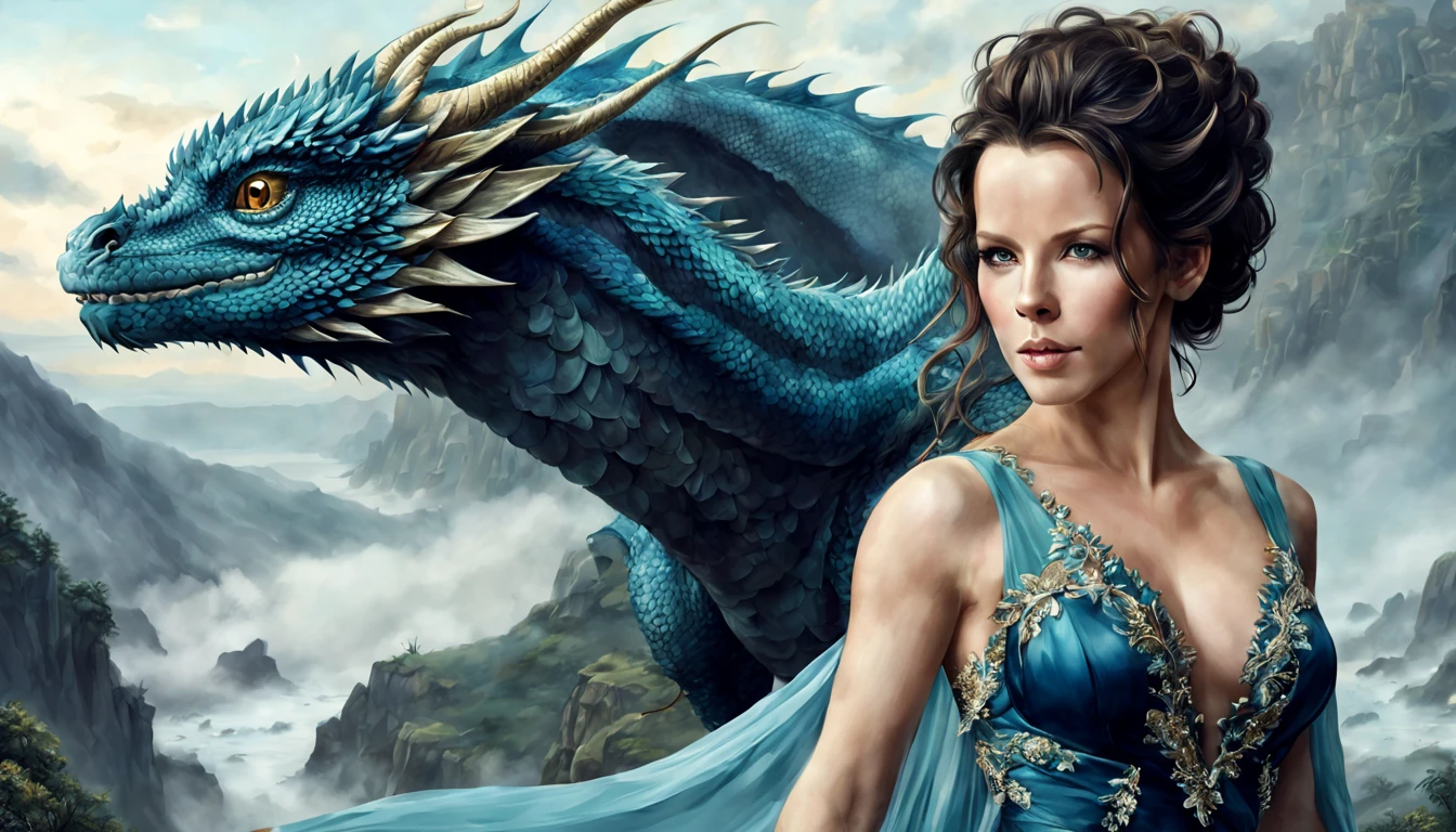 ((melhor qualidade)), ((obra-prima)), (detalhado), Empress Dragon "Kate Beckinsale", olhos realistas, cabelo preto, olhos azuis, seios pequenos, vestido de setin koreano sensual, paisagem maligna, ethereal beauty, (Fantasy Illustration:1.3), olhar encantador, pose cativante, garota solo, charme sobrenatural, mystical sky, noite enluarada, cores suaves, (paisagem nublada detalhada:1.3), (alta resolução:1.2) (Blue dragon flying in the sky) vestido, sobre uma colina, An army passing far into a canyon below.