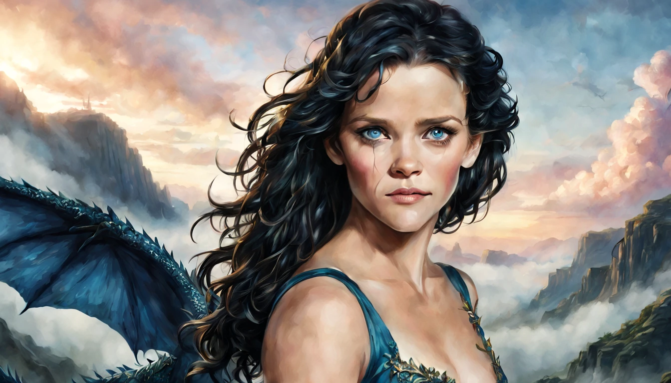 ((melhor qualidade)), ((obra-prima)), (detalhado), Empress Dragon "Reese Witherspoon", olhos realistas, cabelo preto, olhos azuis, seios pequenos, vestido de setin koreano sensual, paisagem maligna, ethereal beauty, (Fantasy Illustration:1.3), olhar encantador, pose cativante, garota solo, charme sobrenatural, mystical sky, noite enluarada, cores suaves, (paisagem nublada detalhada:1.3), (alta resolução:1.2) (Blue dragon flying in the sky) vestido, sobre uma colina, An army passing far into a canyon below.