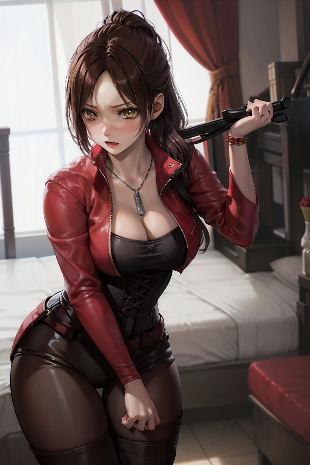 masutepiece, Best Quality, 1girl in, (Claire Redfield), Brown hair, (Yellow eyes:1.2),((bontage))、((thigh high boots))、((pantyhose))、((Bedroom))、length hair、poneyTail、((embarassed expression))、((corsets))、(Queen)、