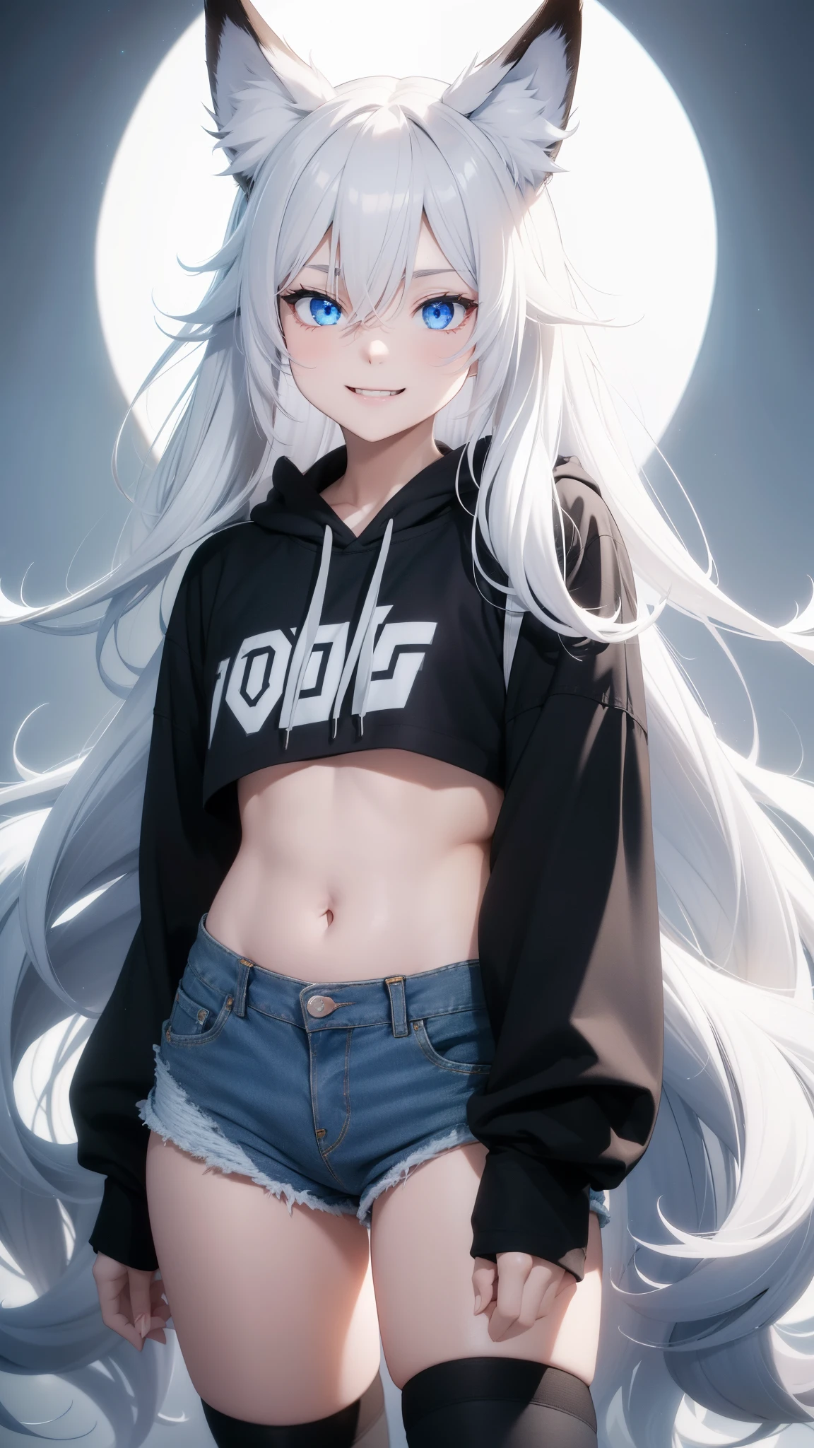 Masterpiece, wide smile, girl-like boy with long flowing white hair, (horny face expression), has wolf ears, had wolf tail, action pose, wearing denim short shorts and a cropped black hoodie, thick thighs, wide hips, wearing thigh high socks, solo, alone, no wolves, showing belly, has glowing blue eyes, flat chest