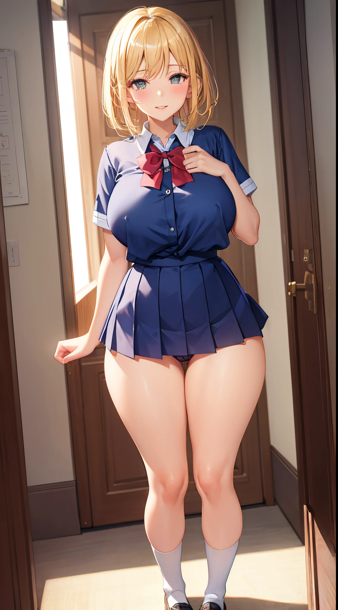 1girl in, Parted lips, blush, makeup, lightsmile, School uniform, Full body, Wide Angle, frombelow, crass room, llight rays, Glow, thighs thighs thighs thighs, 鎖骨, Narrow waist, (masutepiece)、Bright blonde hair、Ecchi panties、Breast bulge