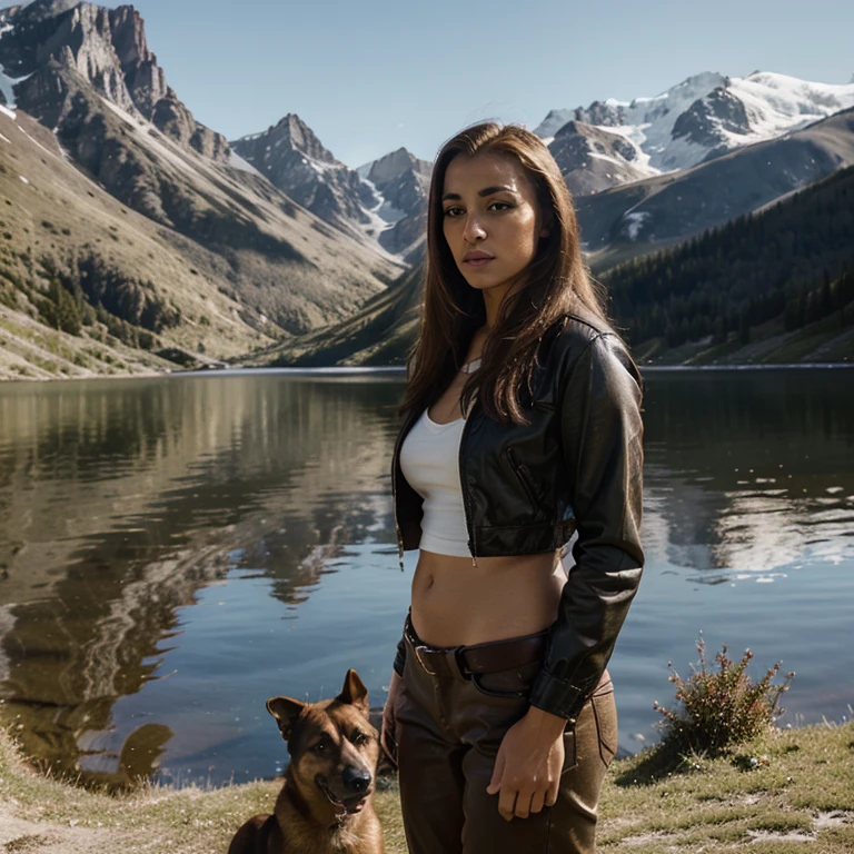 High detail, clarity, red, light skinned female model mom, country western, belgian malinois, mountains, lake