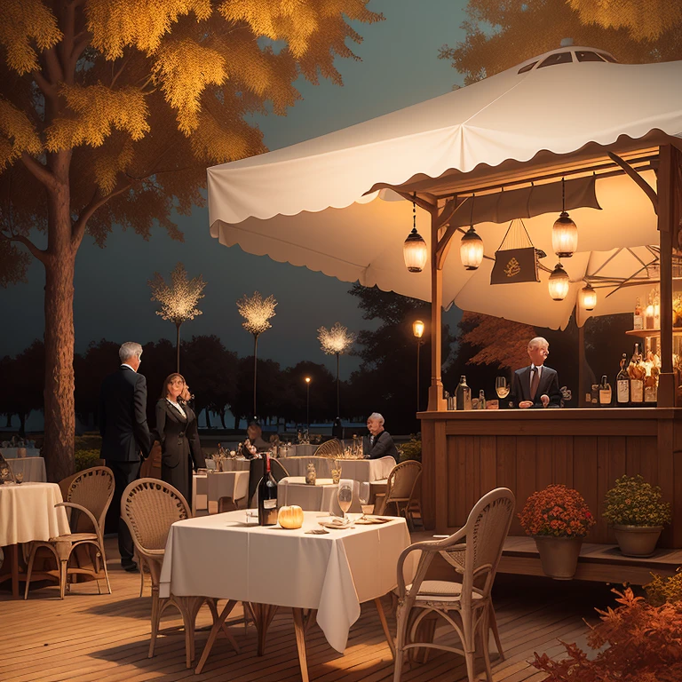 photo realistic image, Evening sunset, there is a trace of an airplane in the sky, autumn park, French style, Summer cafes on the terrace, Bar under a canopy, wooden carved chair, several tables with white tablecloths, bottles of wine and glasses on the tables, hot coffee mugs, Pond with a fountain sculpture of a girl, sculpture of a girl barking water from an amphora,  couples walking, single girls, artist paints a landscape, separate table, A man is sitting, 62 years old, short gray hair, with glasses on, prestigious suit, dark brown jacket, jacket lapel with the emblem of the Ambassador of the Republic. , Evening atmosphere, grand ambience