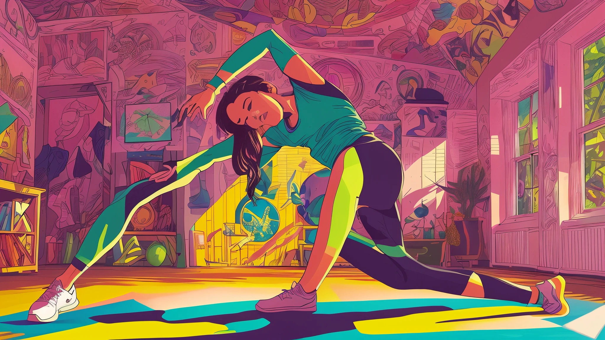 A vibrant and dynamic digital illustration depicting a person engaging in various types of physical fitness activities, such as stretching and yoga poses. The illustration showcases the importance of flexibility in a visually appealing way, with bold colors and energetic lines. Inspired by the style of artist Audrey Kawasaki, the scene evokes a sense of movement and vitality. The color temperature is warm and inviting, with the facial expression reflecting determination and focus. The lighting is bright and natural, enhancing the overall atmosphere of wellness and positivity. --auto --s2