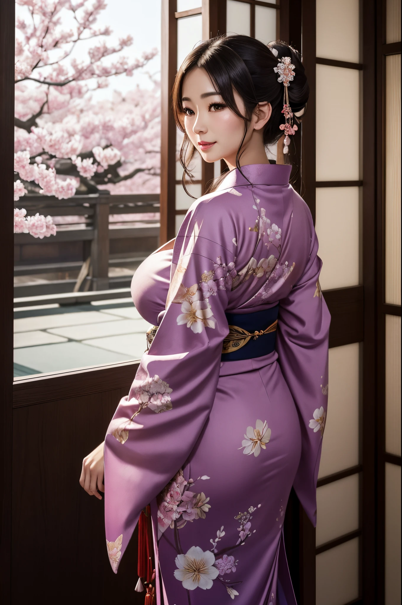 8K,Standing,big tits milf empress(​masterpiece、top-quality:1.3)、hight resolution、cowboy  shot、(ultra-detailliert)、Highly detailed portrait of a beautiful empress with big breasts、Super beauty(Like the real thing)length hair、fetal_position、[erect through]、Curvaceous、(1 milf)、((s lips))、(nase)、((Long face))、Mature、Flower tree、魅惑的、elegent、stylish、a sultry、A sexy、a smile、Look at viewers、(komono)、florals、soft makeup、textured、patterns、film like、Dynamic posture、wide Shots、 Dramatic Lighting:1.1、(gradients)、naturey、(face perfect)、outlines、foco nítido、warmth、light particules、(depth of fields)、(intricate-detail:1.2)、(highly detailed back ground)、East Asian Architecture,The charm of adults wearing kimono,florals魁(Flashy kimono)facing front,A sexy,A MILF,frontage,Mature(40 years)Standing