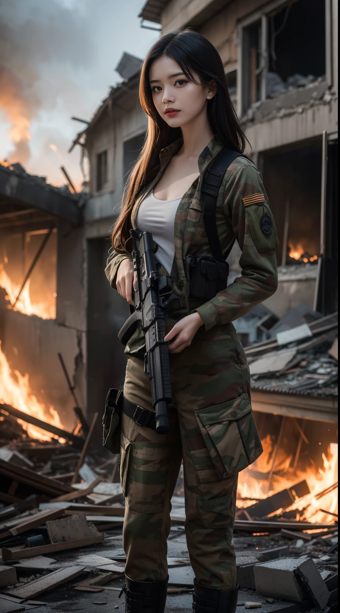 (Aesthetic, Hi-Res: 1.2), A stunning photograph of a girl in soldier outfit, ((small breast)), holding gun, standing in war zone, burnt houses, smokes everywhere, fire, captured in a naturalistic style by photographers Sam Yang and Ross Tran. The scene is highly-detailed, with intricate textures on the lady's clothing and sharp focus on the collapsed buildings, haze, apocalytic