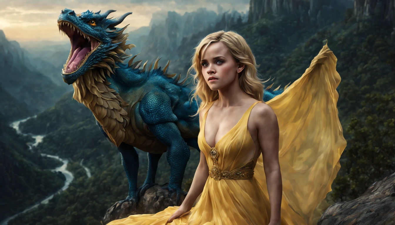 A woman in a yellow dress sitting on a rock next to a dragon - SeaArt AI