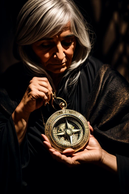 on a dark background outstretched old hands of a woman, in the palms of which there is a compass