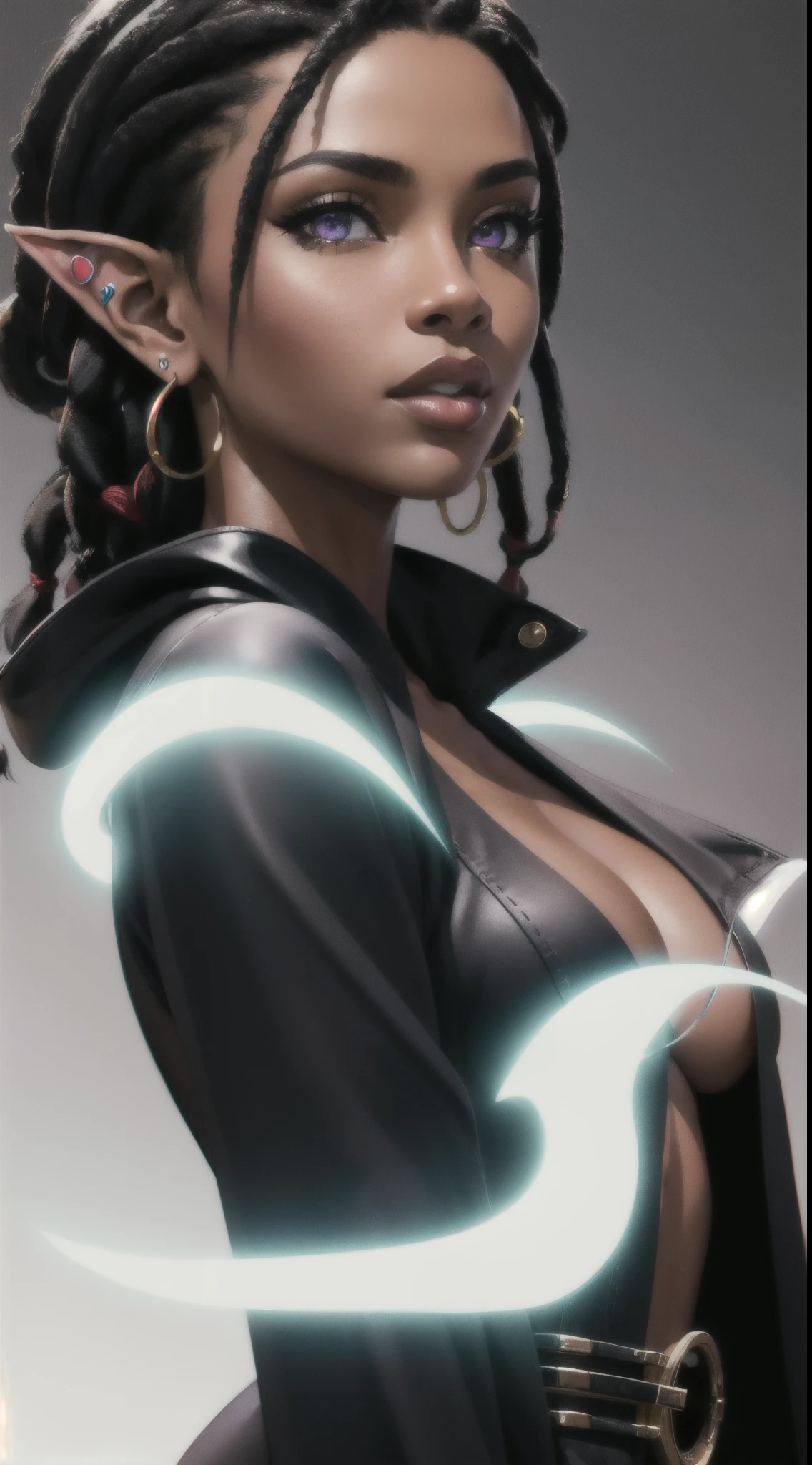 (Concept Art) of an (African-American) female, with dark (black dreadlocks), purple eyes, dark (brown skin), (pointed ears), (slutty assassin), sexy black robe, (lust) demon, (close-up shot), perfect composition, hyper-detailed, 8K, high quality, (perfect eyes), trending art, sharp focus, studio photo, intricate details, (Pin-up) pose, by Matteo Scalera