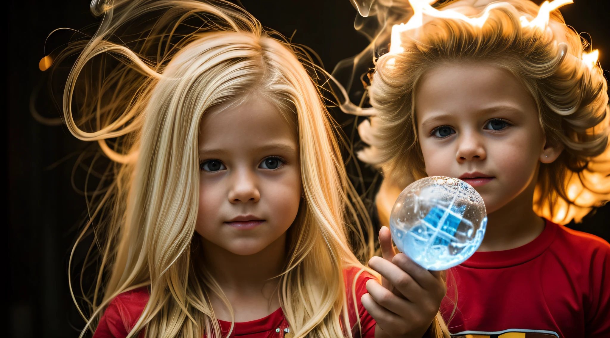 a close-up of a blonde child with long hair, BIG BALL OF electrified ICE IN HANDS. FUMO DIABO VERMELHO.