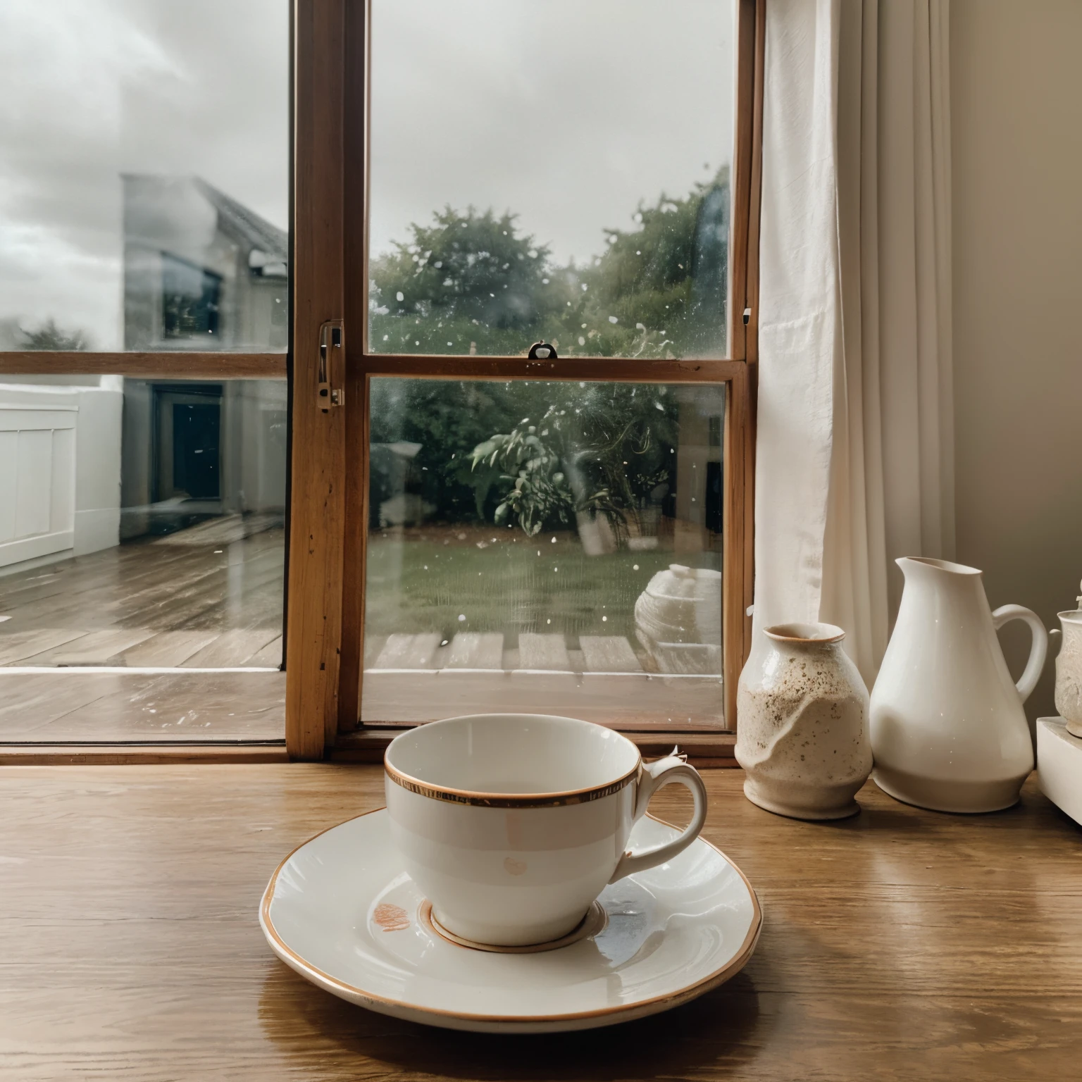 8k, RAW photo, Fujifilm, style photo of a teacup on a table near a window in a cottage in scotland, film granulation, 35mm, (tilted:1.3), volumetric dust clouds, key light, backlight, soft natural lighting, photography Film grain ISO 400 30 mm lens RAW f1.8 aperture, highly detailed (analog photography:1), colors hdr, rainy mood, cottage architecture, detail, focus on the teacup