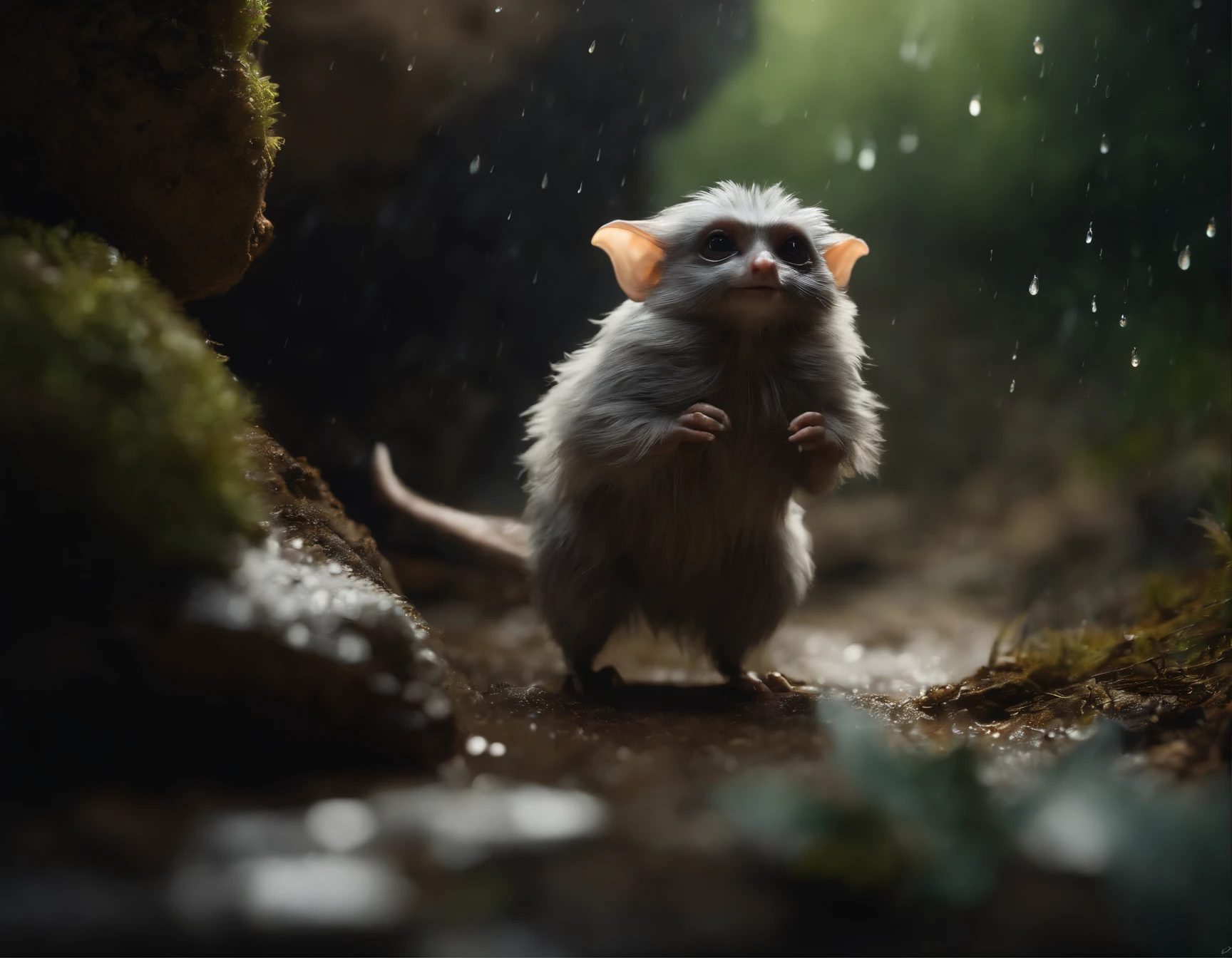 In the cave,Little male gremlin, looks like a fluffy mole in clothes,large ears, elongated nose,light silver fur, It's raining, Gremlin mole catches a raindrop, holding paw with palm, Static movement,(CBZBB:1.25), ((gremlin),Zhkute, Small, baby, Beautiful, Fantasy art, deviant art, trending artstation, Digital Art, Detailed, Realistic, humanoid, character, tiny, Cinematic shot, Filmic, dark fantasy style, John Tolkien style,