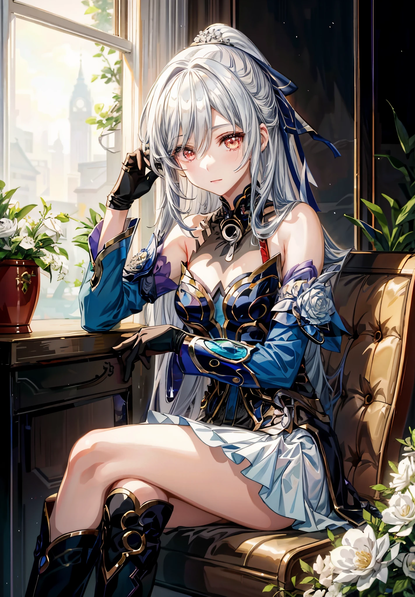Anime girl sitting on chair with flower pot in hand, cute anime huaifu in beautiful clothes, beautiful and seductive anime woman, epic light novel art cover, 8k high quality detail art, epic light novel cover art, beautiful anime girl, beautiful anime woman, detailed key anime art, seductive anime girl, anime goddess, beautiful fantasy anime, 4K