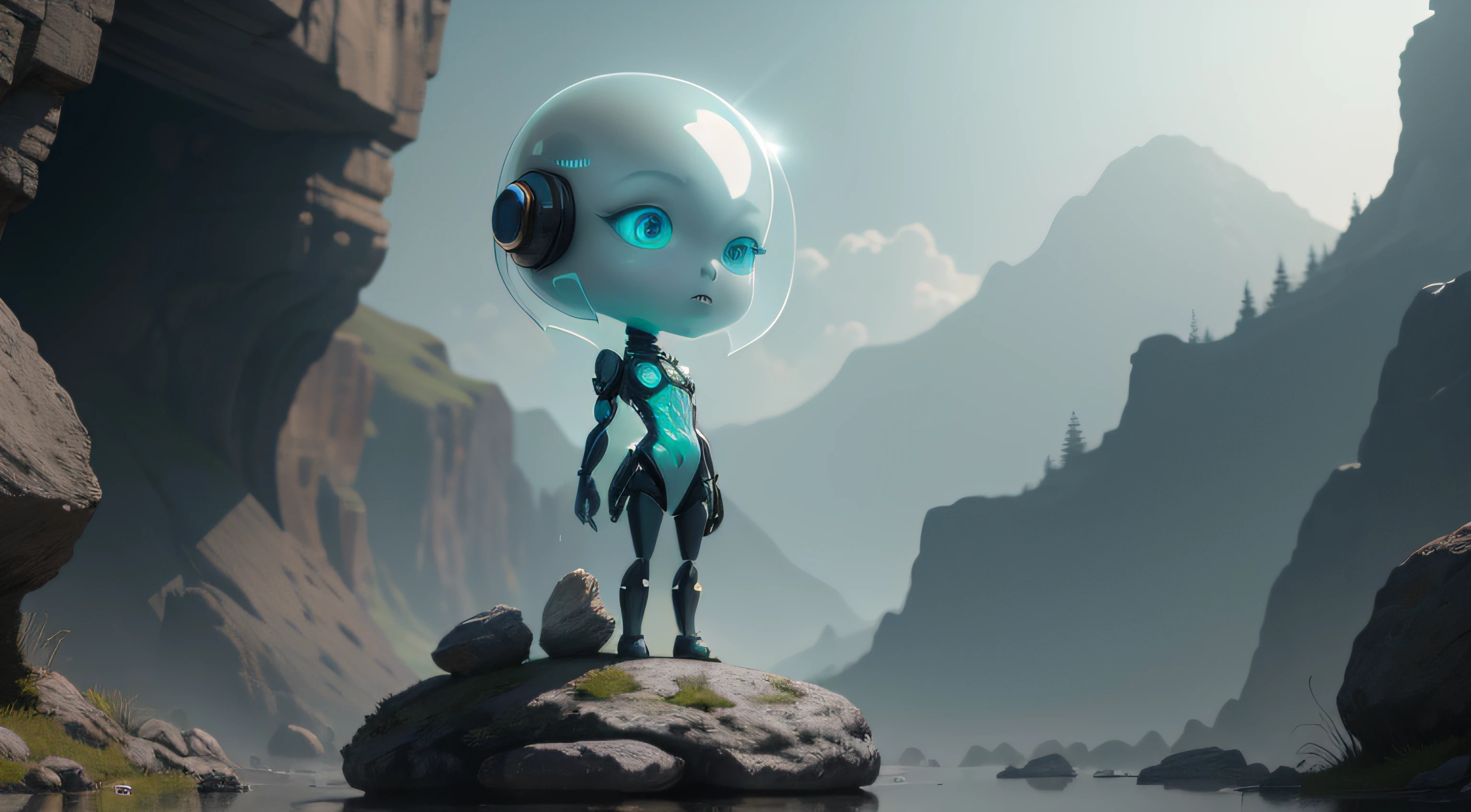 An alien girl stands on a stone, translucent head, Alien technology