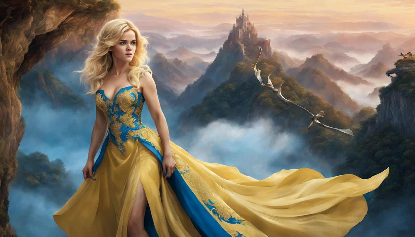 ((melhor qualidade)), ((obra-prima)), (detalhado), Empress Dragon "Reese Witherspoon", olhos realistas, cabelo preto, olhos azuis, seios pequenos, vestido Amarelo de setin koreano sensual, paisagem maligna, ethereal beauty, (Fantasy Illustration:1.3), olhar encantador, pose cativante, garota solo, charme sobrenatural, mystical sky, noite enluarada, cores suaves, (paisagem nublada detalhada:1.3), (alta resolução:1.2) (Blue dragon flying in the sky) vestido Amarelo sobre uma colina, An army passing far into a canyon below.