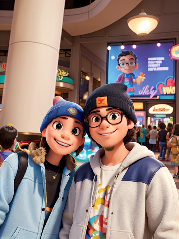 happy boy and a girl are posing for a picture in a mall with a sign, alex yanes and lisa frank, disney artist, at a mall, vacation photo, taken in the early 2020s, good quality android jones and chris dyer, at california adventure, standing in front of lowrider, lisa frank & sho murase, in a mall, wearing a fisher 🧥 they are a couple, both wearing beanies, both have gentle smiles, heavenly background. Handsome man and beautiful girl. He wears black glassss